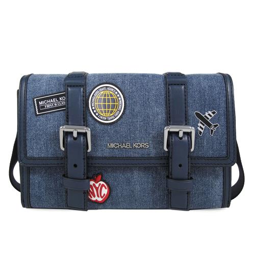 MICHAEL KORS COOPER 單寧布紋磁釦寬帶斜背包(男款/牛仔藍色)