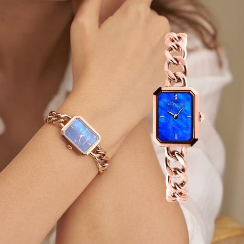 RELAX TIME 長方手鍊風格女錶 玫瑰金 藍 (RT-109-2-02) 