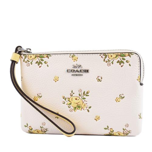 COACH 銀字立體浮雕花卉荔枝紋皮革手拿包-黃/白
