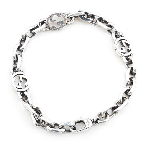 GUCCI Interlocking G 925純銀雙G墜飾環形復古手鍊