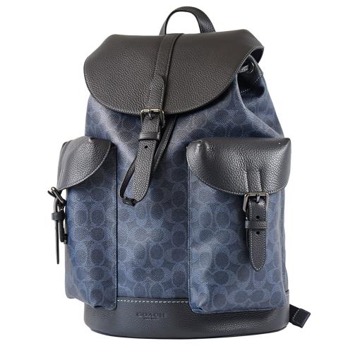 COACH 男款 Warner 緹花LOGO防刮拚荔枝紋束口翻蓋後背包-單寧藍