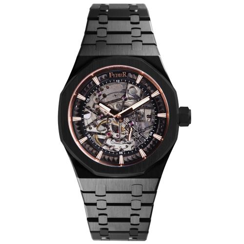 新上市-FIBER｜8017．競速先鋒系列｜骨雕鏤空機械腕錶-黑鋼