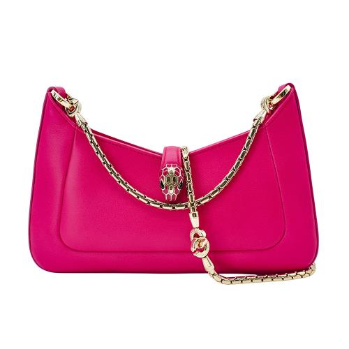 二手品 Bvlgari Serpenti Baia小羊皮蛇頭兩用腋下包(293207-桃粉)