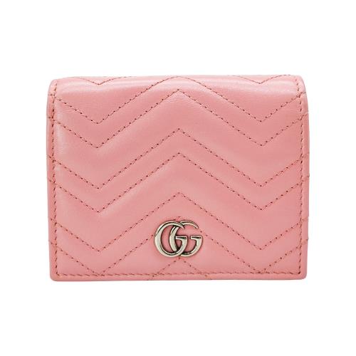 二手品 Gucci Marmont 牛皮銀logo二折扣式短夾(粉)