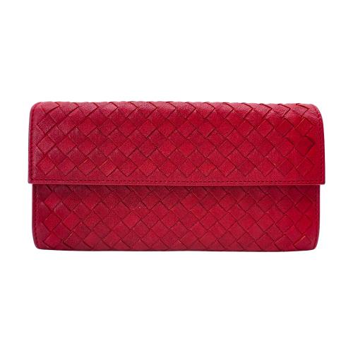 二手品 Bottega Veneta 羊皮編織零錢袋雙層扣式長夾(紅)