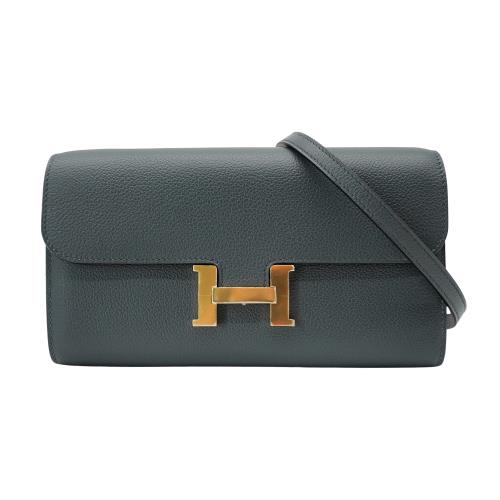 Hermes Constance To Go 牛皮長夾/斜背金釦兩用包(霧霾灰藍)