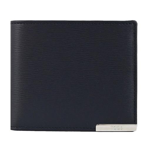 TODS 金屬LOGO質感水波紋小牛皮對開八卡短夾.深藍