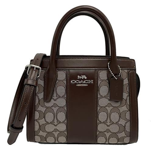 【COACH】C LOGO緹花織布牛皮手提斜背兩用方包(可可咖)