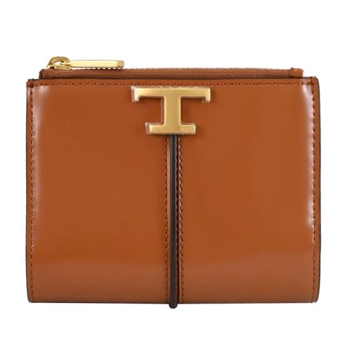 TODS T Timeless 金屬LOGO亮面牛皮對開扣式零錢短夾.棕