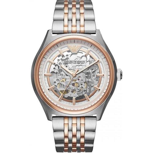 EMPORIO ARMANI ARMANI 鏤空之美造型時尚機械優質腕錶-銀+金-AR60002