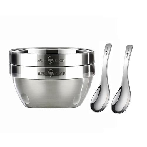 PUSH! 餐具 304不銹鋼碗2入 14cm碗附湯匙 兒童飯碗 可疊放湯碗 防燙飯碗 14cm碗2入 附湯匙 E211-2