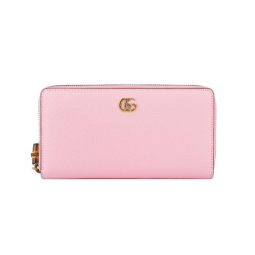 GUCCI Bamboo GG Logo 素面皮革及竹節拉鍊長夾(粉色)