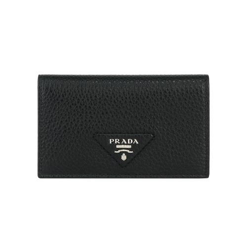 PRADA 縫線三角浮雕Logo 粒紋皮革釦式二折中夾(黑色)