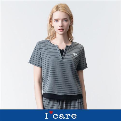 現貨【ICare 依卡】灰色橫紋V領休閒上衣（F）｜女休閒上衣 女T恤 女短袖上衣