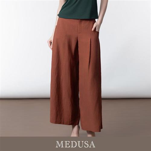 現貨【MEDUSA 曼度莎】亞麻寬版翻摺口袋長寬褲（M-L）｜女休閒褲 涼感長褲 顯瘦寬褲