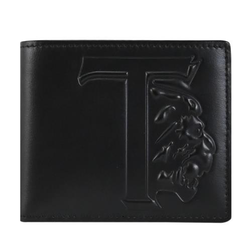 TODS 品牌LOGO獅子烙印小牛皮對開八卡短夾.黑色