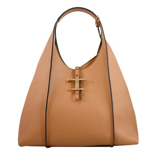 TODS T Timeless Hobo 金屬LOGO荔枝牛皮單肩托特包.淺咖 