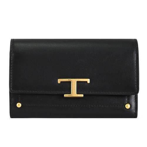 TODS T Timeless 金屬LOGO牛皮翻蓋釦式中夾.黑