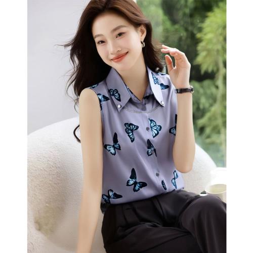  AKARA 類職場穿搭冰絲雪紡紫蝶無袖背心上衣(流行專業/ 涼感冰絲 /雪紡緞面 /清新朝氣 /中大尺碼)