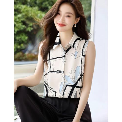  AKARA 類職場穿搭冰絲雪紡碳筆無袖背心上衣(流行專業/ 涼感冰絲 /雪紡緞面 /清新朝氣 /中大尺碼)