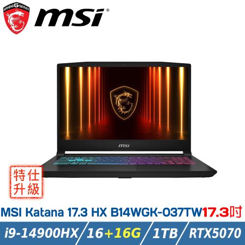 【特仕升級】MSI Katana 17 HX B14WGK-037TW 17.3吋 (i9-14900HX/16+16G/1T SSD/RTX5070