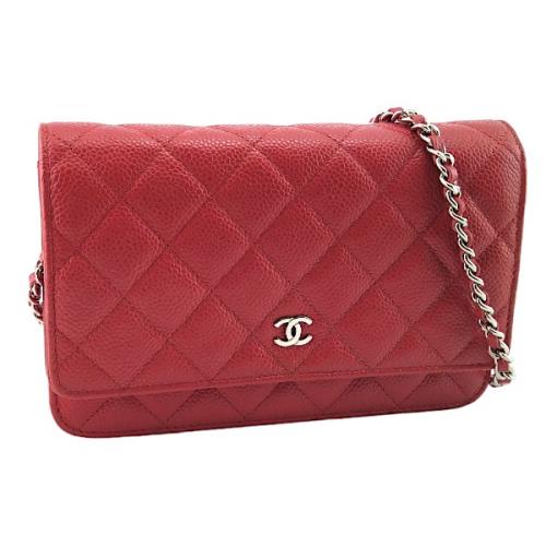 限時急降價--八八成新！CHANEL 紅色菱格紋荔枝牛皮銀鍊斜背WOC發財包