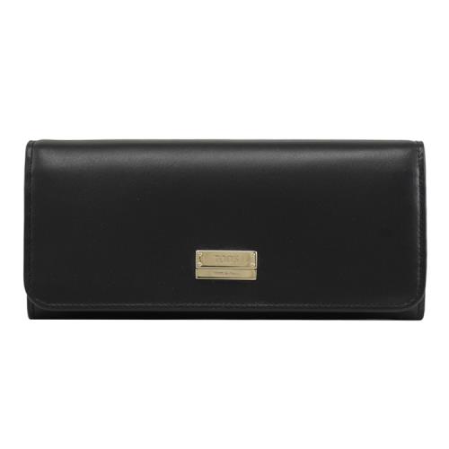 TODS 金屬LOGO質感滑面牛皮翻蓋發財長夾.黑色