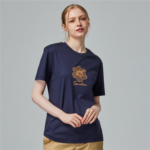 moz瑞典 春語駝鹿 冰河棉 100%純棉 涼感彈力厚版T恤-藏青(亞洲版)女款