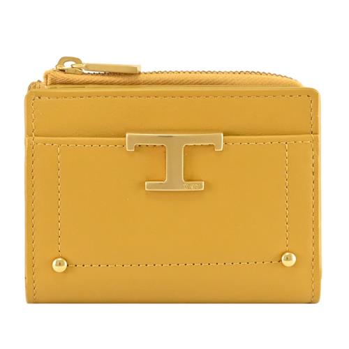TODS T Timeless 金屬LOGO小牛皮扣式簡易零錢短夾.淡黃