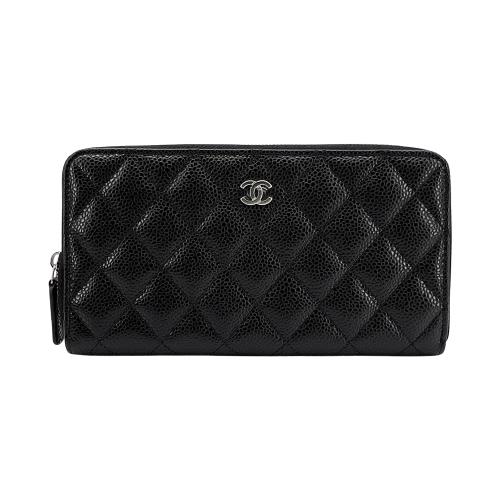 Chanel 展示品 銀雙C logo 菱格紋粒紋牛皮拉鍊長夾(AP0242-黑)