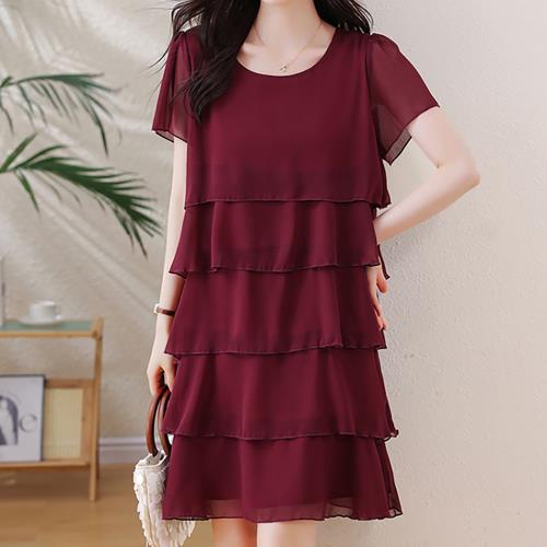 麗質達人 - 1816酒紅色蛋糕洋裝-LY 