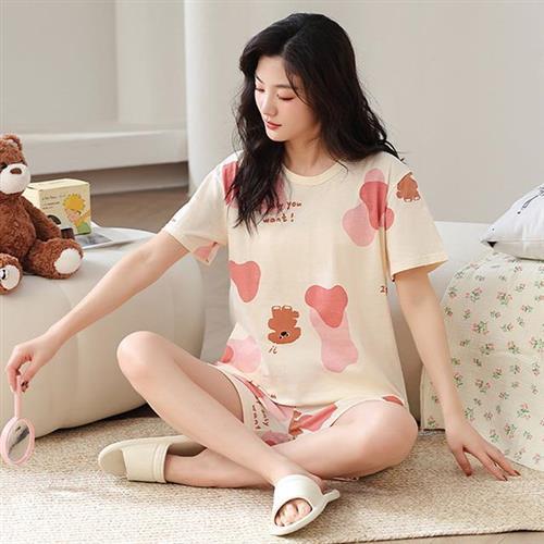 【韓國K.W.】韓國空運時尚型女涼爽棉短袖睡衣套裝(套裝/棉麻/家居套裝/小香風/涼感)
