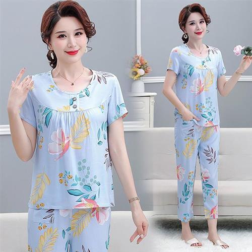 【韓國K.W.】韓國空運花綻微醺涼爽棉綢睡衣套裝(套裝/棉麻/家居套裝/小香風/涼感)