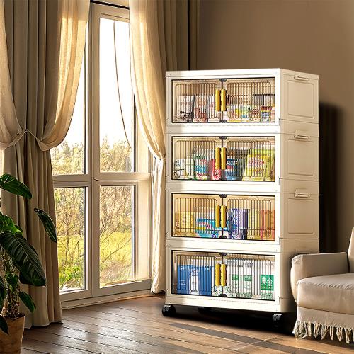  Mr.box  50面寬豎紋摺疊磁吸雙開門四層收納櫃-附滑輪  兩款可選