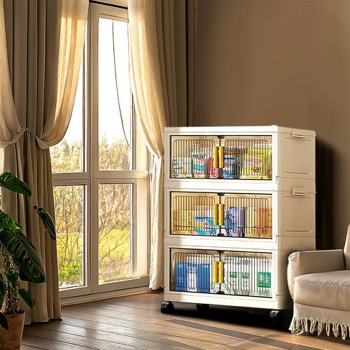  Mr.box  50面寬豎紋摺疊磁吸雙開門三層收納櫃-附滑輪  兩款可選