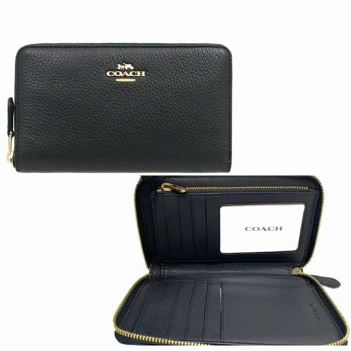 【COACH】金標馬車LOGO質感皮革中夾-氣質黑