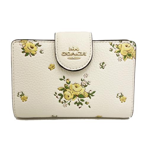 【COACH】玫瑰印花牛皮鈔票零錢袋中夾(黃玫瑰)