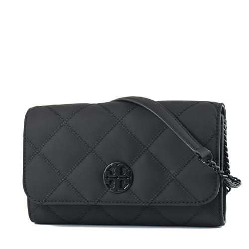 TORY BURCH WILLA 黑LOGO菱格翻蓋鍊帶斜背WOC包-霧黑