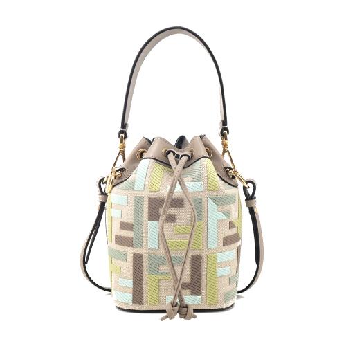 FENDI Mon Tresor 拼色FF刺繡帆布迷你水桶包(米色)