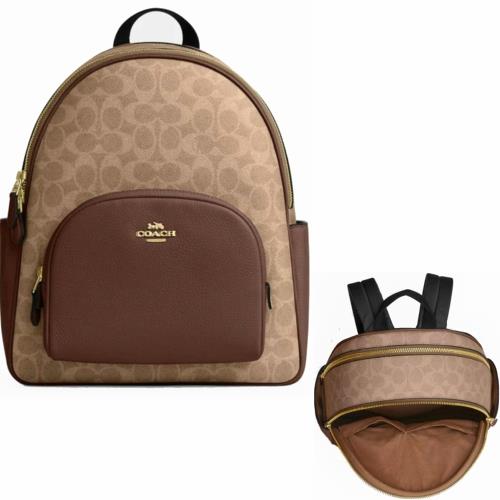 【COACH】金標馬車LOGO三層中大滿版防刮款 透氣後背包-咖啡色