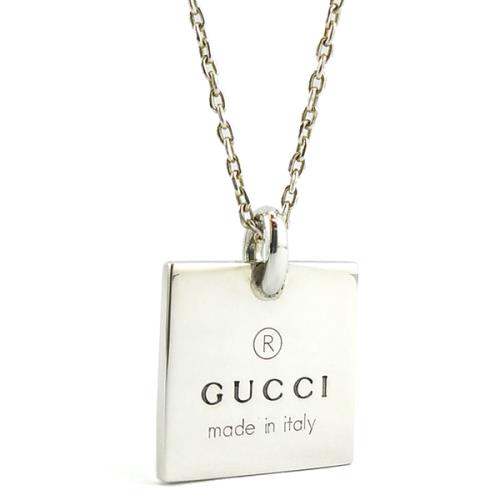 九成新展示品半價出清--GUCCI 925純銀-方形LOGO刻字吊牌項鍊