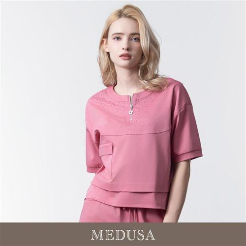現貨【MEDUSA 曼度莎】粉紅閃鑽拉鍊運動風短袖上衣（M-XL）｜女運動上衣 女休閒上衣 女T恤
