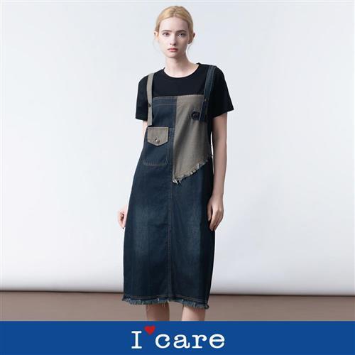 現貨【ICare 依卡】毛毛邊假兩件拼接牛仔吊帶洋裝（M-L）｜牛仔洋裝 假兩件 休閒洋裝