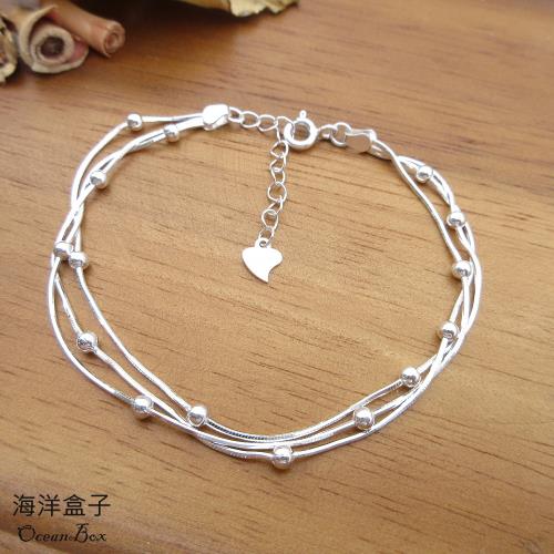 【海洋盒子】經典雅致亮面三層間隔小圓珠蛇鍊S925純銀手鍊.女用手鍊
