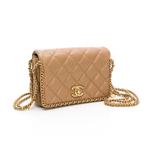 Chanel 22秋冬款鏈條邊肩背包(奶茶色)(粒面/金色&皮革鏈帶)