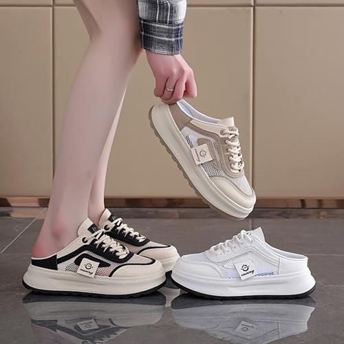  Taroko 時尚網面拼接標籤女款厚底休閒穆勒鞋(3色可選)