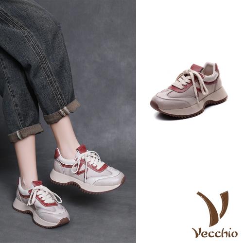 【VECCHIO】全真皮撞色線條厚底老爹鞋/全真皮頭層牛皮撞色線條設計厚底老爹鞋 運動鞋 女鞋 紅