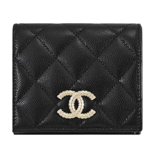 CHANEL AP3407 限定雙C LOGO菱格紋對開扣式零錢短夾.黑/淡金