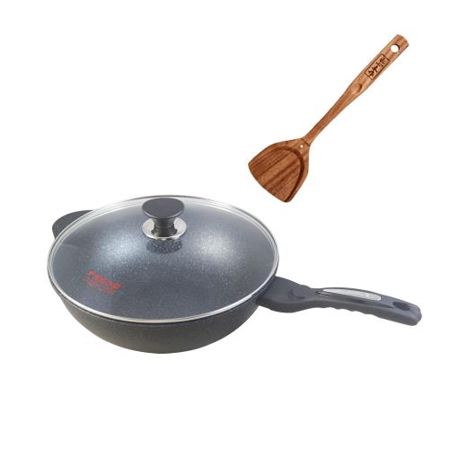 ZHENG NIU 正牛韓國正宗大理石不沾炒鍋 33cm附蓋+匠心木作原木平煎鏟