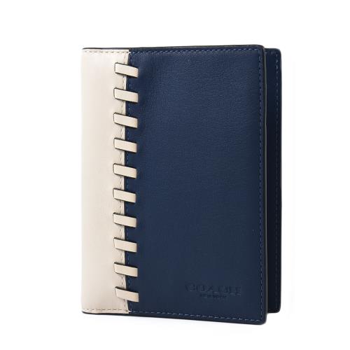 COACH 男款 拚色縫邊小牛皮護照夾-藍/白